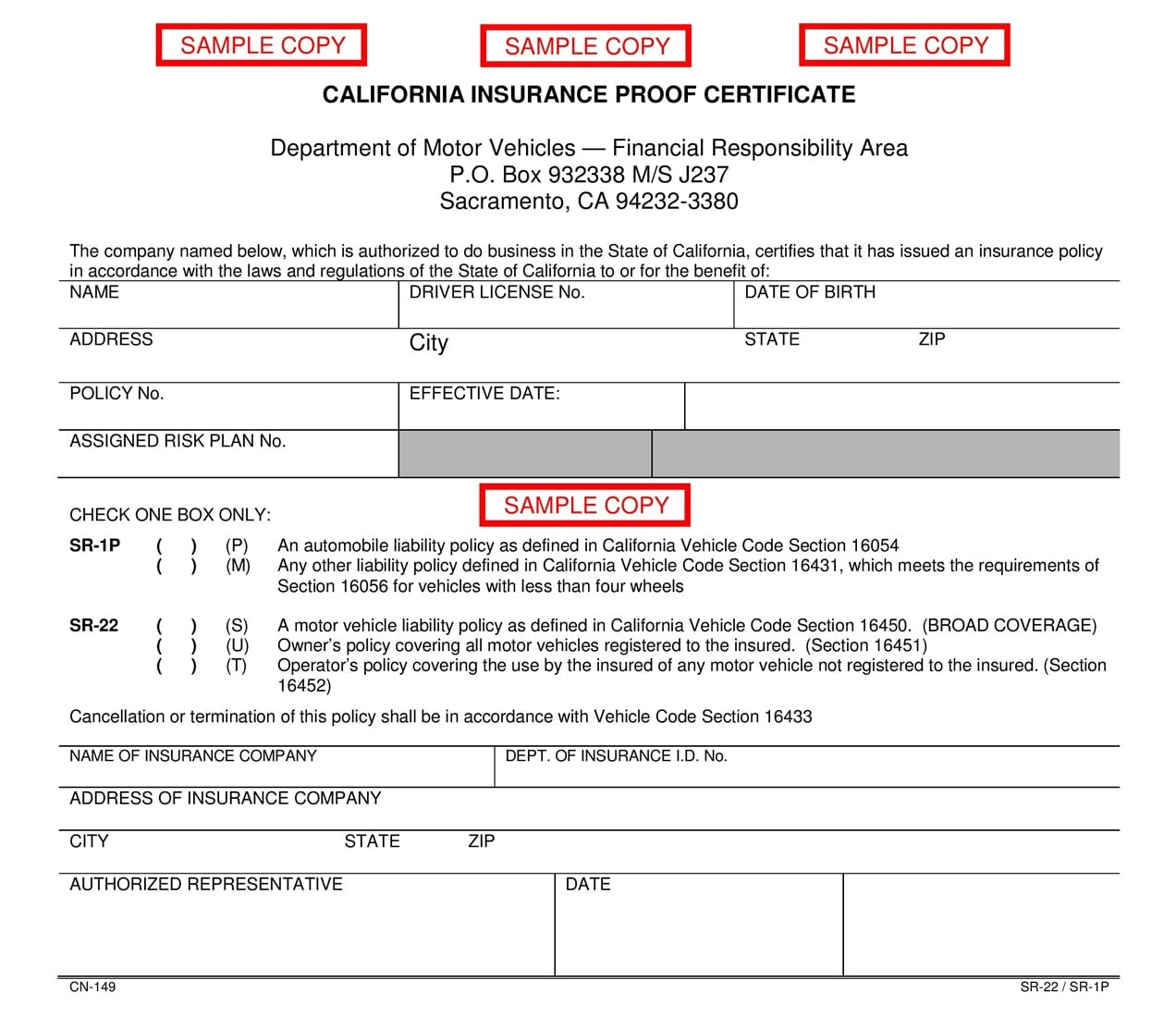 Sample California insurance proof certificate
